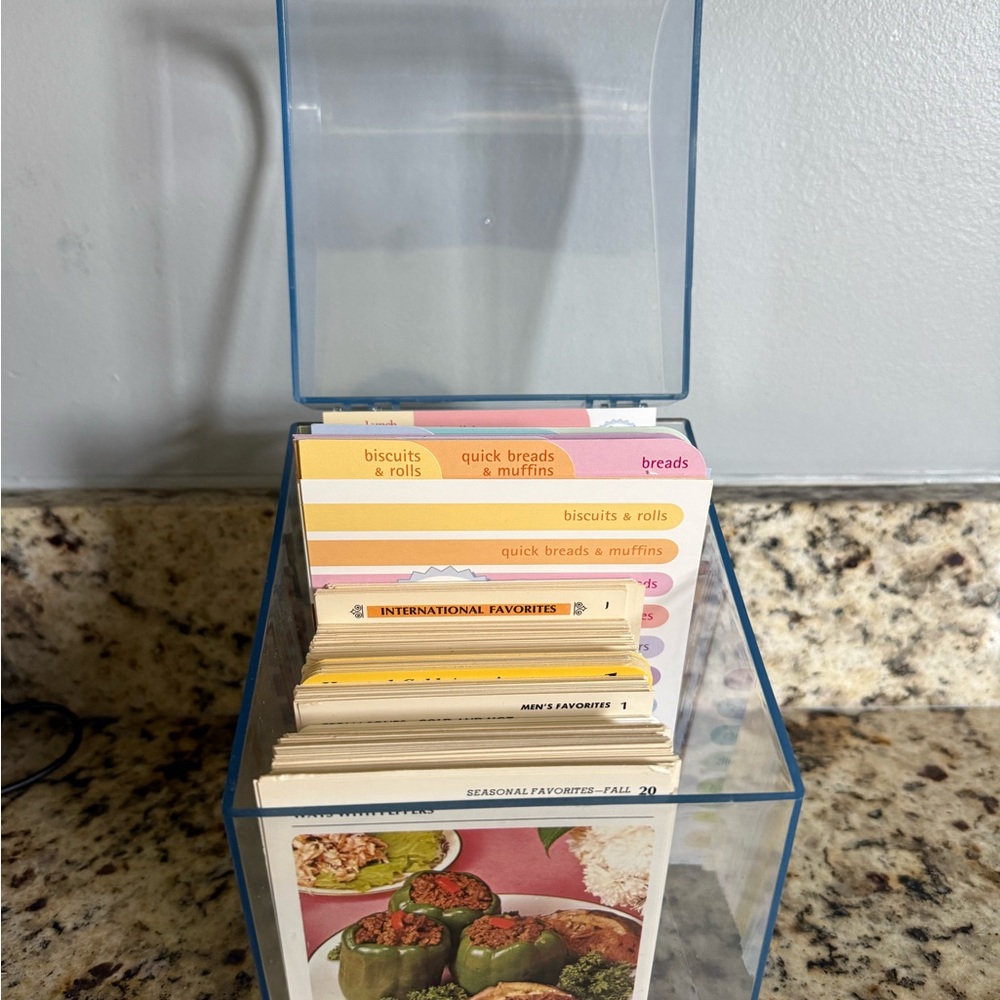 Recipe Card Organizer Box with Multicolored Recipe Cards vintage